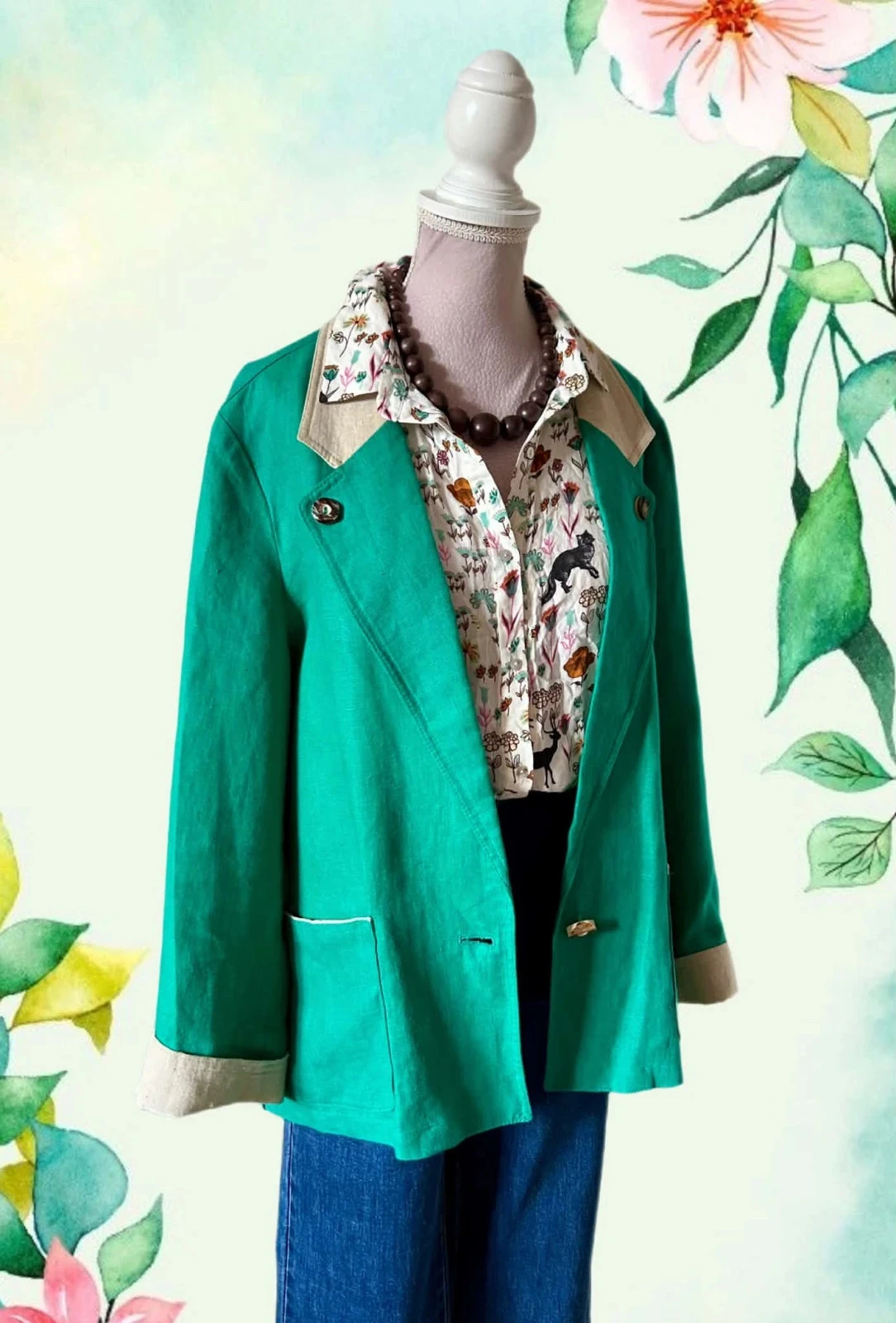 🦚Blazer 100% linnen emeraldgroen vintage 80s90s cottagecore Oostenrijkse smaragd linnen retro jas 36/38🌿 – photo 2